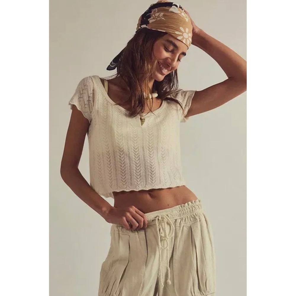 Free People Ivory Pointelle Knit Crop Top Cashmere Dainty Scoop Neck Button S